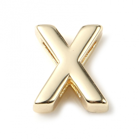 Picture of Copper Beads 14K Real Gold Plated Capital Alphabet/ Letter Message " X " About 9mm x 8mm, 5 PCs