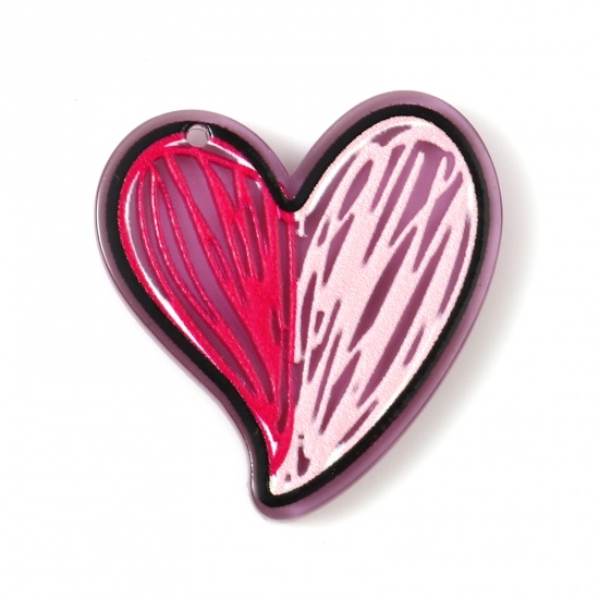 Picture of Resin Valentine's Day Pendants Heart Pink & Purple 3.2cm x 2.9cm, 10 PCs