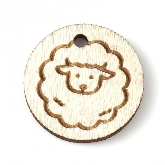 Picture of Wood Charms Round Light Khaki Sheep 19mm Dia, 30 PCs