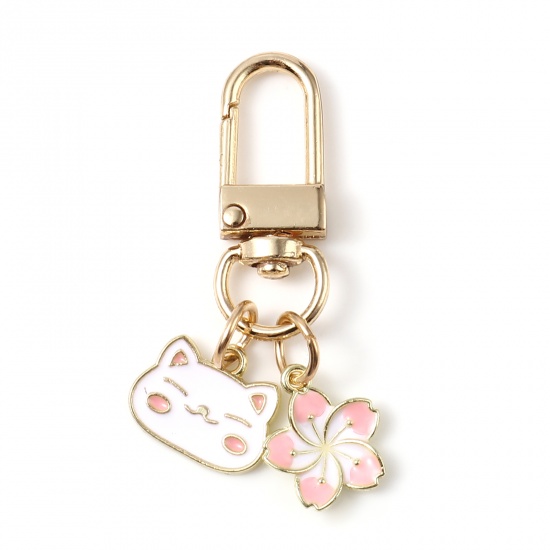Picture of Zinc Based Alloy Keychain & Keyring Gold Plated White & Pink Cat Animal Flower Enamel 5cm, 1 Piece