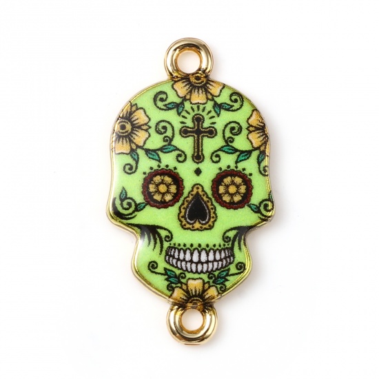 Picture of Zinc Based Alloy Halloween Connectors Skull Gold Plated Green Flower Enamel 25mm x 14mm, 10 PCs