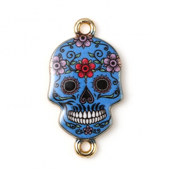 Picture of Zinc Based Alloy Halloween Connectors Skull Gold Plated Blue Flower Enamel 25mm x 14mm, 10 PCs