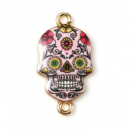 Picture of Zinc Based Alloy Halloween Connectors Skull Gold Plated Pink Flower Enamel 25mm x 14mm, 10 PCs