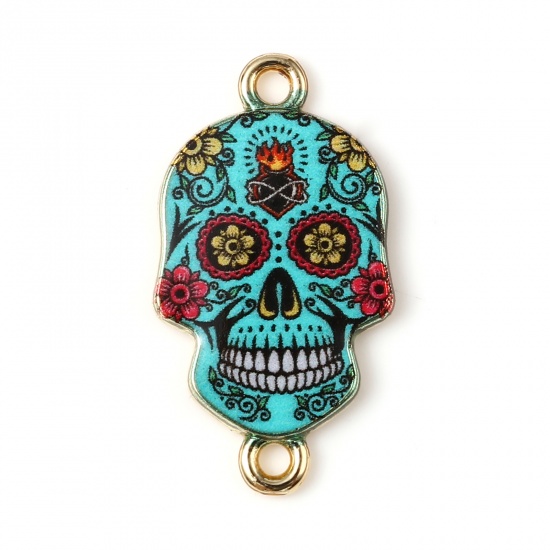 Picture of Zinc Based Alloy Halloween Connectors Skull Gold Plated Cyan Flower Enamel 25mm x 14mm, 10 PCs