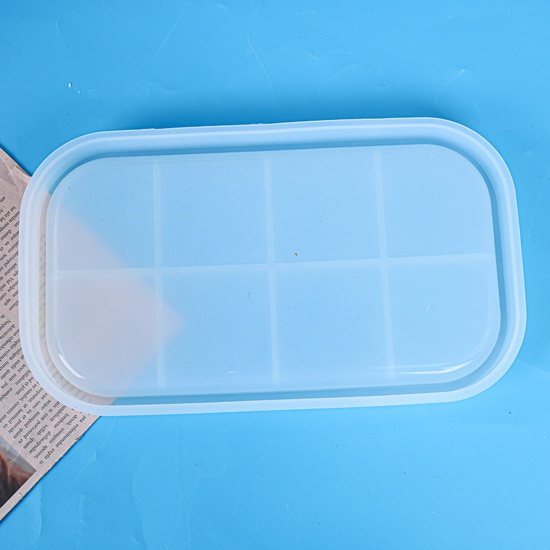 Picture of Silicone Resin Mold For Jewelry Making Tray Oval Grid Checker White 26.4cm x 15.1cm, 1 Piece