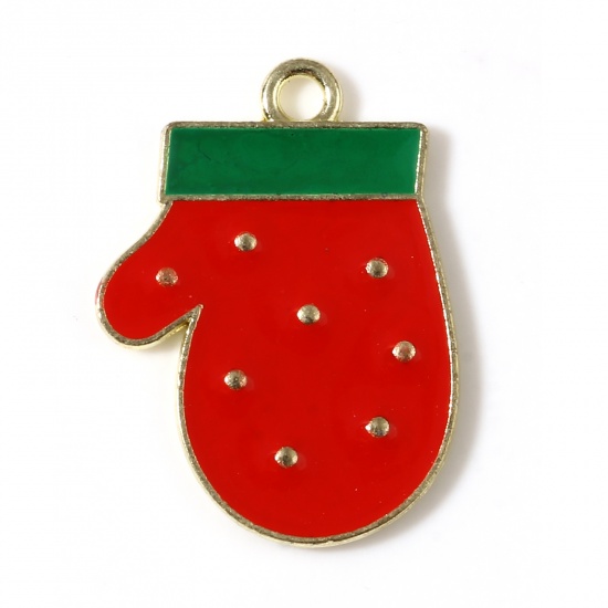 Immagine di Lega di Zinco Charms Guanti di Natale Oro Placcato Rosso & Verde Smalto 22mm x 16mm , 10 Pz