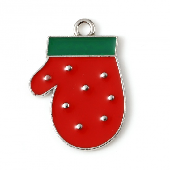 Immagine di Lega di Zinco Charms Guanti di Natale Tono Argento Rosso & Verde Smalto 22mm x 16mm , 10 Pz
