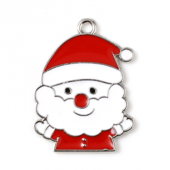 Bild von Zinklegierung Charms Weihnachten Weihnachtsmann Silberfarbe Weiß & Rot Emaille 26mm x 20mm, 10 Stück