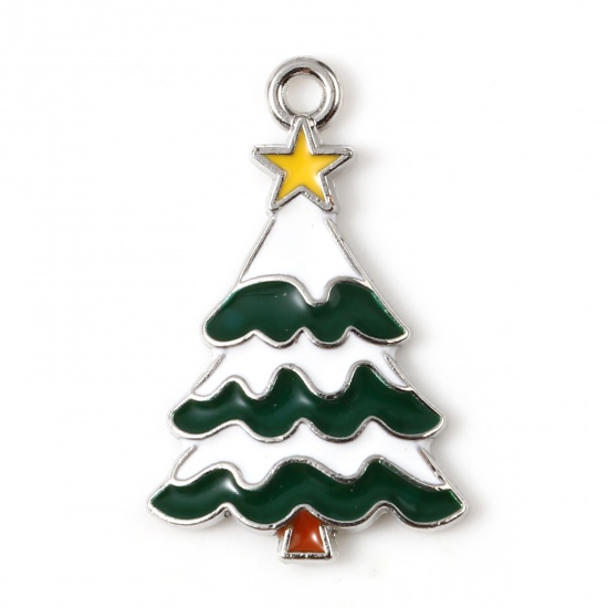 Imagen de Zamak Colgantes Charms Árbol de Navidad Tono de Plata Blanco & Verde Esmalte 25mm x 16mm, 10 Unidades