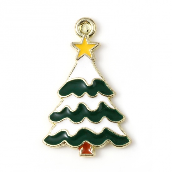 Bild von Zinklegierung Charms Weihnachten Weihnachtsbaum Vergoldet Weiß & Grün Emaille 25mm x 16mm, 10 Stück