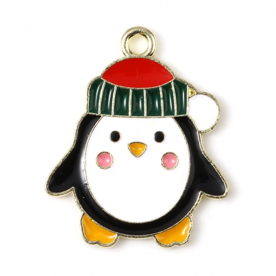 Bild von Zinklegierung Charms Pinguin Tier Vergoldet Bunt Weihnachten Weihnachtsmütze Emaille 22mm x 18mm, 10 Stück