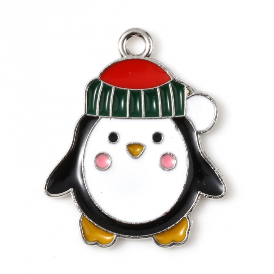 Bild von Zinklegierung Charms Pinguin Tier Silberfarbe Bunt Weihnachten Weihnachtsmütze Emaille 22mm x 18mm, 10 Stück