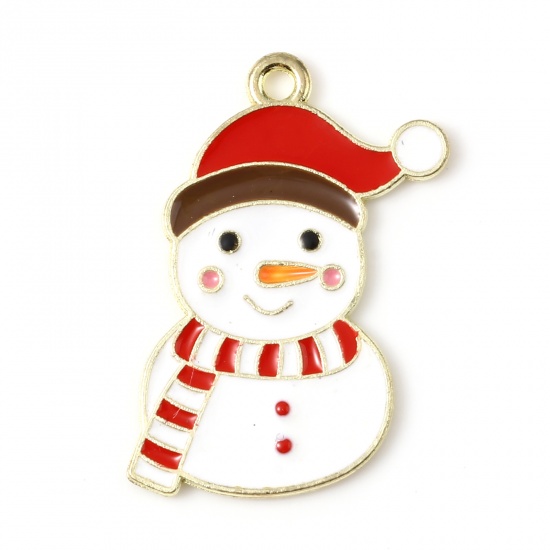 Immagine di Lega di Zinco Charms Pupazzo Natale Oro Placcato Bianco & Rosso Smalto 26mm x 16mm , 10 Pz