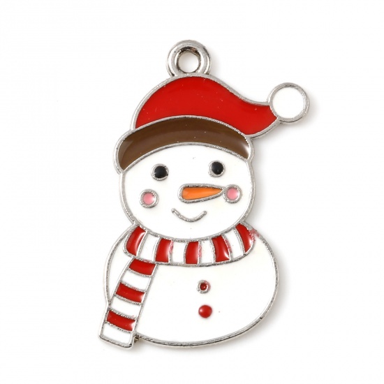 Immagine di Lega di Zinco Charms Pupazzo Natale Tono Argento Bianco & Rosso Smalto 26mm x 16mm , 10 Pz