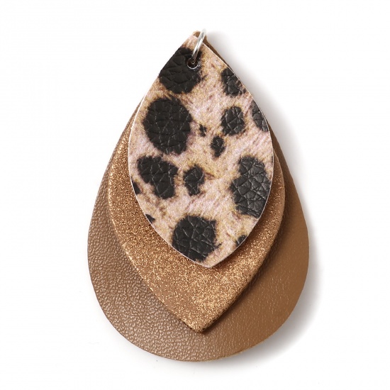 Picture of PU Leather Pendants Drop Brown Leopard Print 5.8cm x 3.7cm, 5 PCs