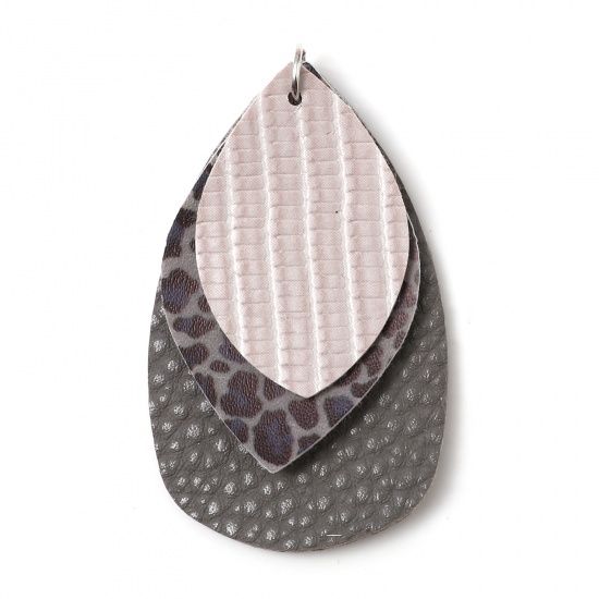 Picture of PU Leather Pendants Drop Gray Leopard Print 5.8cm x 3.7cm, 5 PCs