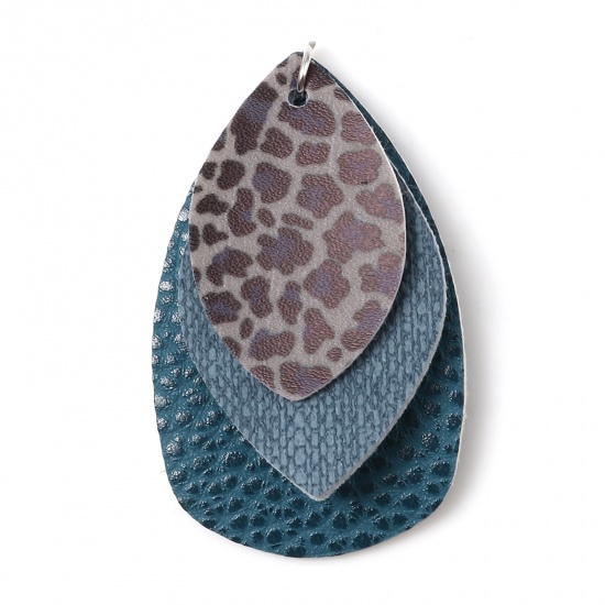 Picture of PU Leather Pendants Drop Peacock Blue Leopard Print 5.8cm x 3.7cm, 5 PCs