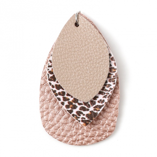 Picture of PU Leather Pendants Drop Peach Pink Leopard Print 5.8cm x 3.7cm, 5 PCs