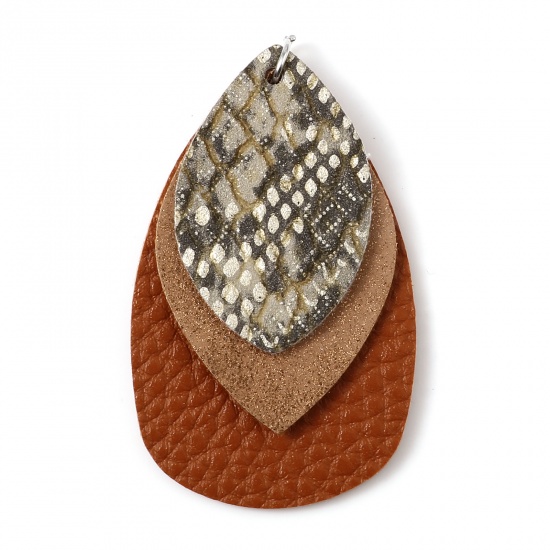 Picture of PU Leather Pendants Drop Brown Snake Skin Print 5.8cm x 3.7cm, 5 PCs