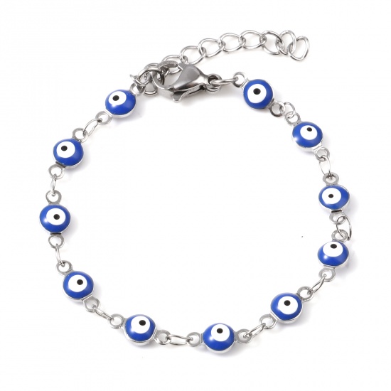 Picture of Stainless Steel Religious Bracelets For Child Silver Tone Blue Round Evil Eye Enamel 13.5cm(5 3/8") long, 1 Piece