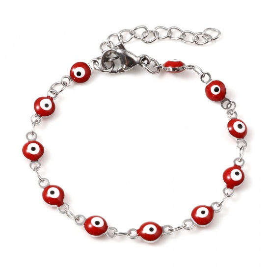 Picture of Stainless Steel Religious Bracelets For Child Silver Tone Red Round Evil Eye Enamel 13.5cm(5 3/8") long, 1 Piece