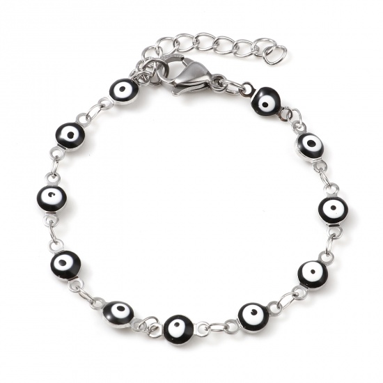 Picture of Stainless Steel Religious Bracelets For Child Silver Tone Black Round Evil Eye Enamel 13.5cm(5 3/8") long, 1 Piece