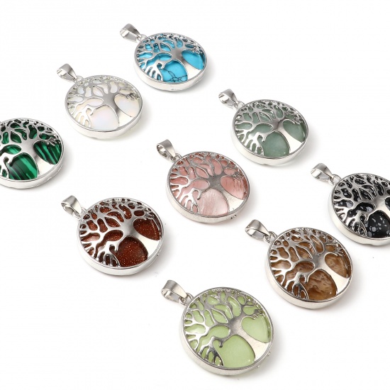 Picture of Zinc Based Alloy Religious Pendants Round Silver Tone At Random Color Tree of Life 3.7cm x 2.7cm, 1 Piece