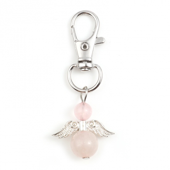 Picture of Zinc Based Alloy & Stone Religious Keychain & Keyring Silver Tone Light Pink Angel 57mm, 2 PCs