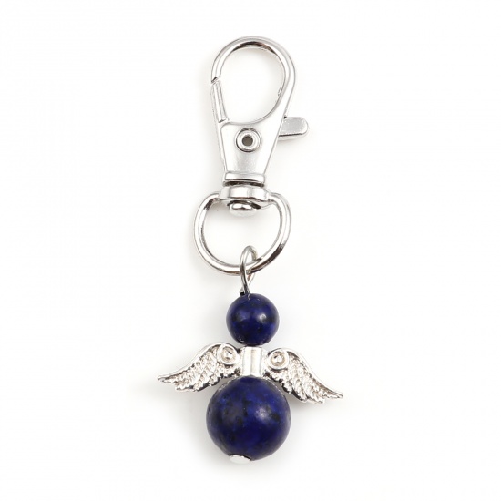 Picture of Zinc Based Alloy & Stone Religious Keychain & Keyring Silver Tone Dark Blue Angel 57mm, 2 PCs