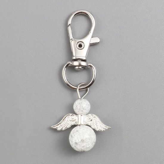 Bild von Zinklegierung & Stein Religiös Schlüsselkette & Schlüsselring Silberfarbe Weiß Engel 57mm, 2 Stück