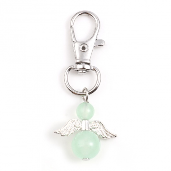 Picture of Zinc Based Alloy & Stone Religious Keychain & Keyring Silver Tone Light Green Angel 57mm, 2 PCs
