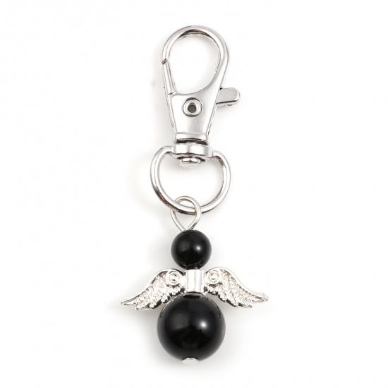 Bild von Zinklegierung & Stein Religiös Schlüsselkette & Schlüsselring Silberfarbe Schwarz Engel 57mm, 2 Stück
