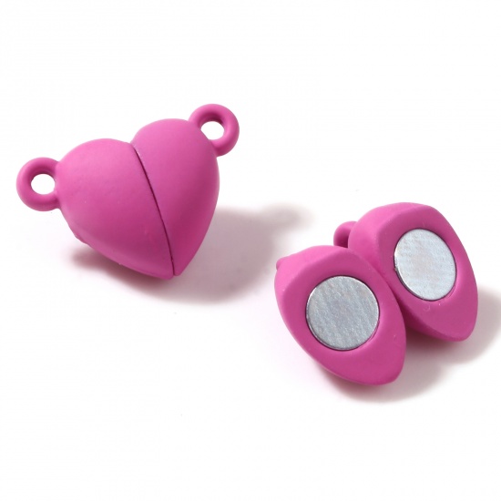Picture of Zinc Based Alloy Valentine's Day Magnetic Clasps Heart Fuchsia Rubberized 16mm x 11mm, 5 PCs