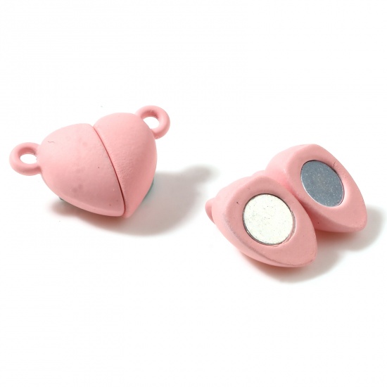 Picture of Zinc Based Alloy Valentine's Day Magnetic Clasps Heart Pink Rubberized 16mm x 11mm, 5 PCs
