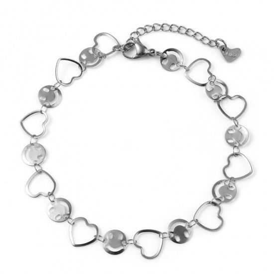Picture of Stainless Steel Valentine's Day Anklet Silver Tone Heart Smile 23cm(9") long, 1 Piece
