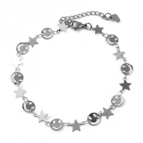 Picture of Stainless Steel Galaxy Anklet Silver Tone Pentagram Star Smile 23cm(9") long, 1 Piece