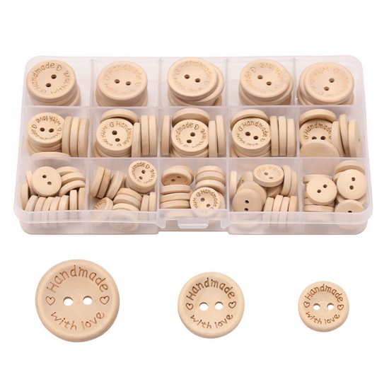 Picture of Wood Sewing Buttons Scrapbooking 2 Holes Round Natural Heart Message " Hand Made With Love " 15mm - 20mm Dia., 1 Box ( 140 PCs/Box)