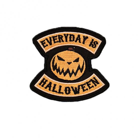 Picture of Fabric Iron On Patches Appliques (With Glue Back) Craft Yellow Badge Halloween Pumpkin 8cm x 7.5cm, 5 PCs