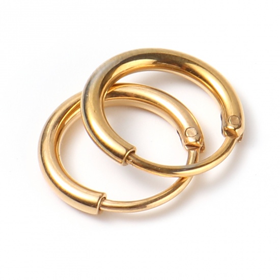 Picture of Stainless Steel Hoop Earrings Gold Plated Circle Ring 14mm Dia., Post/ Wire Size: (19 gauge), 1 Pair