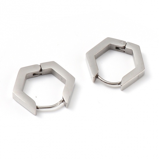 Bild von Edelstahl Ohrreifen Silberfarbe Hexagon 18mm x 16mm, Drahtstärke: (19 gauge), 1 Paar