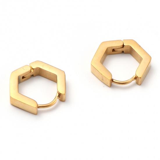 Picture of Stainless Steel Hoop Earrings Gold Plated Hexagon 14mm x 12mm, Post/ Wire Size: (19 gauge), 1 Pair