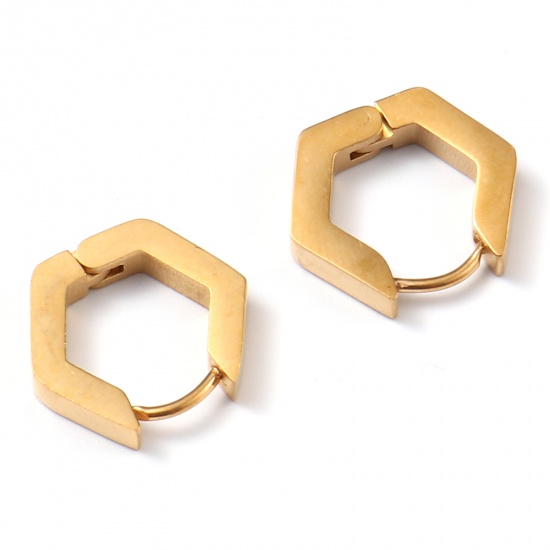 Picture of Stainless Steel Hoop Earrings Gold Plated Hexagon 15mm x 14mm, Post/ Wire Size: (19 gauge), 1 Pair