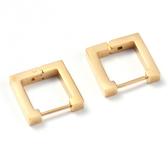 Picture of Stainless Steel Hoop Earrings Gold Plated Square 14mm x 14mm, Post/ Wire Size: (19 gauge), 1 Pair