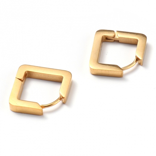 Picture of Stainless Steel Hoop Earrings Gold Plated Square 15mm x 15mm, Post/ Wire Size: (19 gauge), 1 Pair