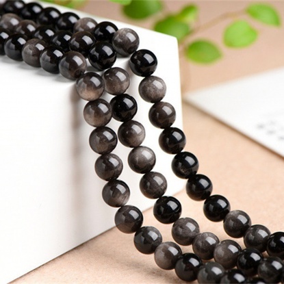 Picture of (Grade A) Obsidian ( Natural ) Beads Round Silver-gray About 4mm Dia., Hole: Approx 1.2mm, 1 Strand (Approx 95 PCs/Strand)