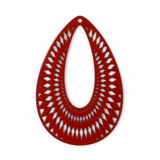 Bild von Eisenlegierung Filigran Stempel Verzierung Anhänger Tropfen Rot Filigran Spritzlackierung 4.1cm x 2.7cm, 10 Stück