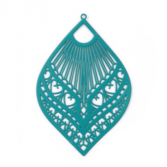 Picture of Iron Based Alloy Filigree Stamping Pendants Leaf Green Filigree Painted 5.9cm x 3.9cm, 10 PCs