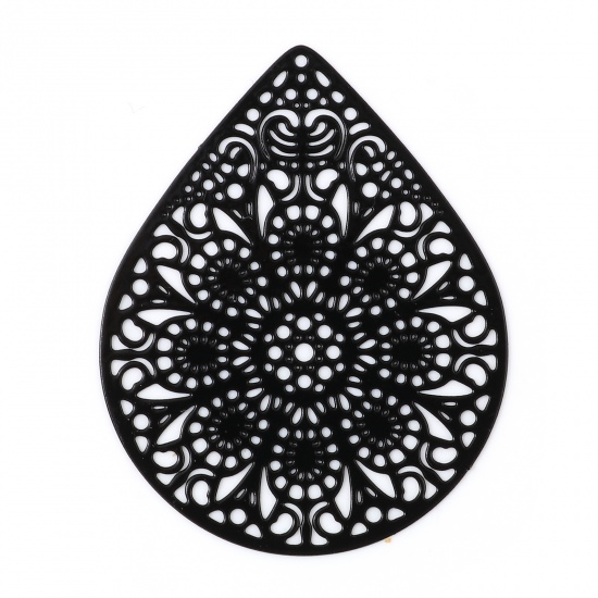 Bild von Eisenlegierung Filigran Stempel Verzierung Anhänger Tropfen Schwarz Blumen Spritzlackierung 4.9cm x 3.9cm, 10 Stück
