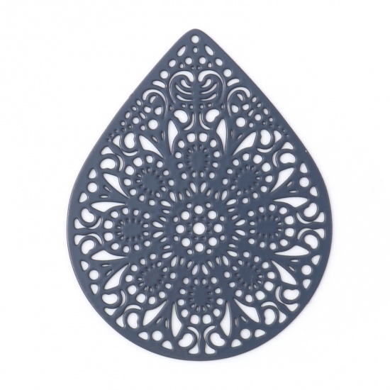 Bild von Eisenlegierung Filigran Stempel Verzierung Anhänger Tropfen Grau Blumen Spritzlackierung 4.9cm x 3.9cm, 10 Stück