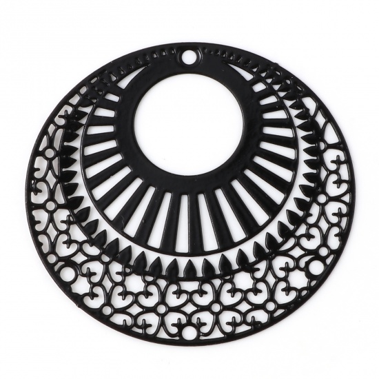 Bild von Eisenlegierung Filigran Stempel Verzierung Anhänger Oval Schwarz Filigran Spritzlackierung 3.9cm x 3.6cm, 10 Stück